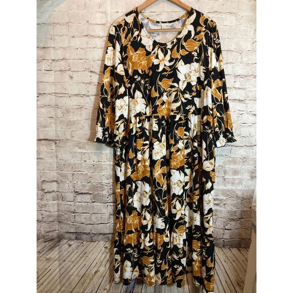 Cato Dresses & Skirts - Cato Babydoll Dress Womens 18/20W Black & Gold Floral Midi Ruffle Hem Stretch